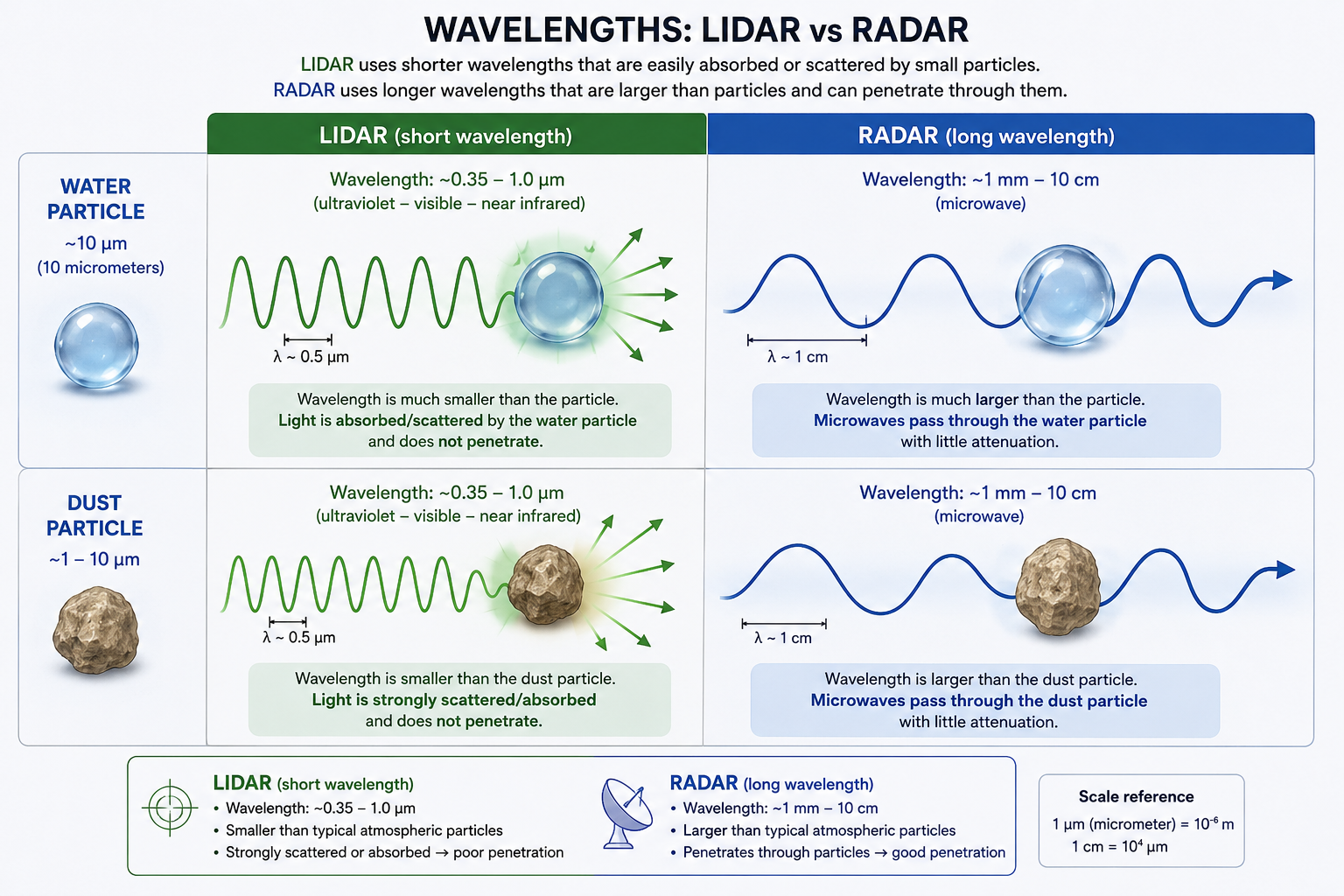 LiDAR vs radar wavelength comparison — short LiDAR waves scatter on dust and water droplets; long radar waves penetrate through